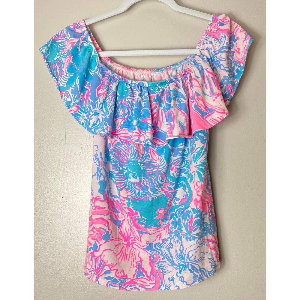 LILLY PULITZER TOP SHIRT RUFFLE OFF SHOULDER NAUTICAL VACATION RESORT CRUISE - Picture 4 of 9